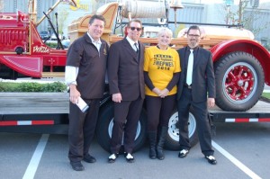 Mike Starchuk, Vera LeFranc, and two sharp-dressed men, at a Voter meet & greet at Guildford Town Centre, Surrey