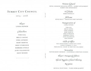 2014 Surrey Mayor & Councillors' Inauguration program - MikeStarchuk.com