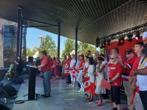 Mike Starchuk addressing the crowd, Cloverdale Canada Day celebration - July 1st 2022 - MikeStarchuk.com